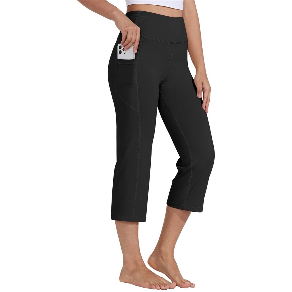 Womens High Waisted Capri Leggings with Pockets Black Yoga Pants Small